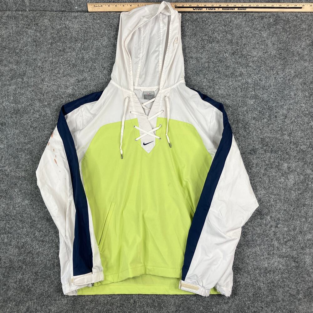 Nike Jacket Womens XL Green White Navy Hooded Lace-Up Lightweight Windbreaker